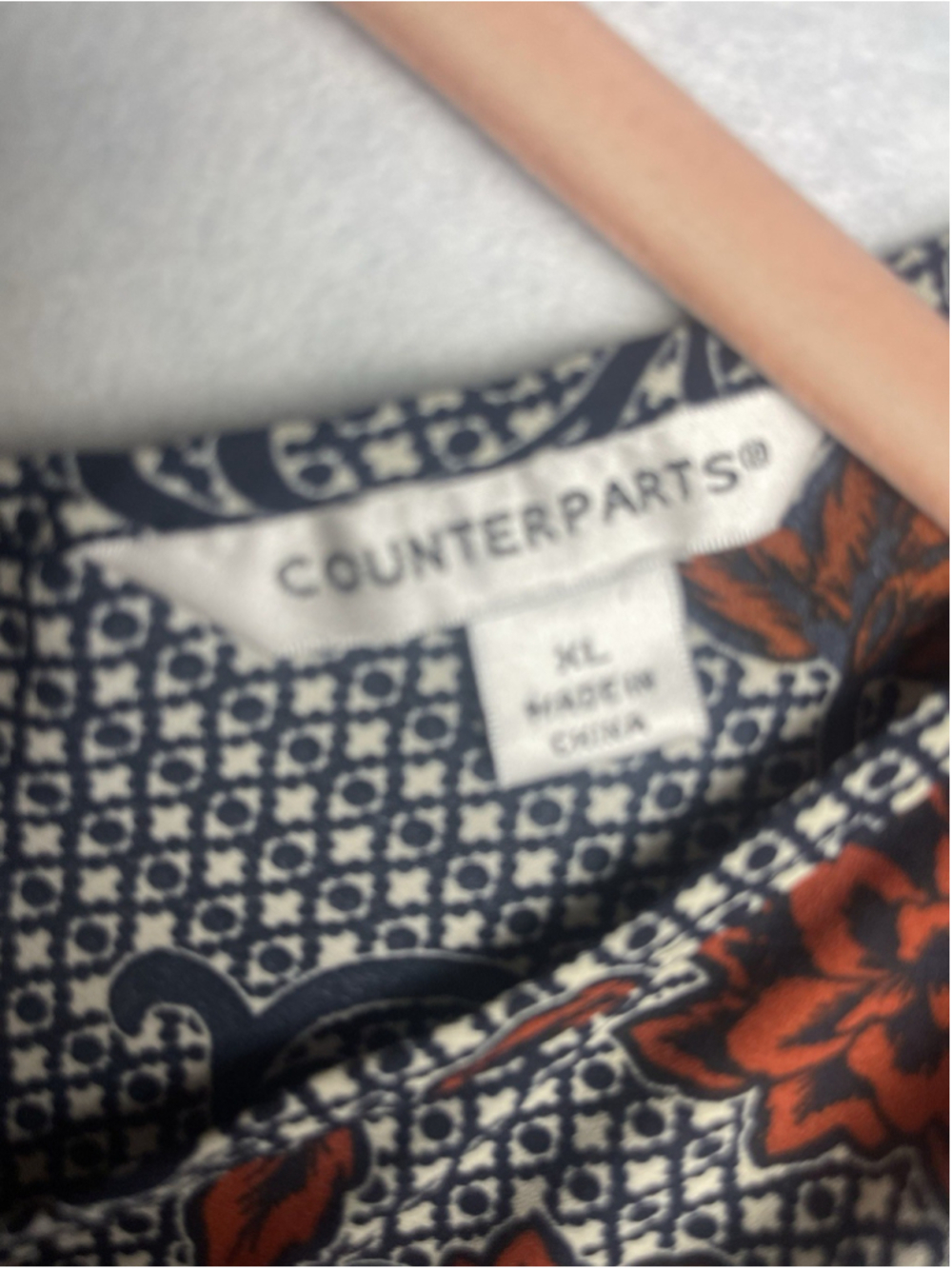 Counterparts Blue/White/Orange Floral V-Neck Keyhole 3/4 Sleeve Blouse XL - Picture 3 of 7